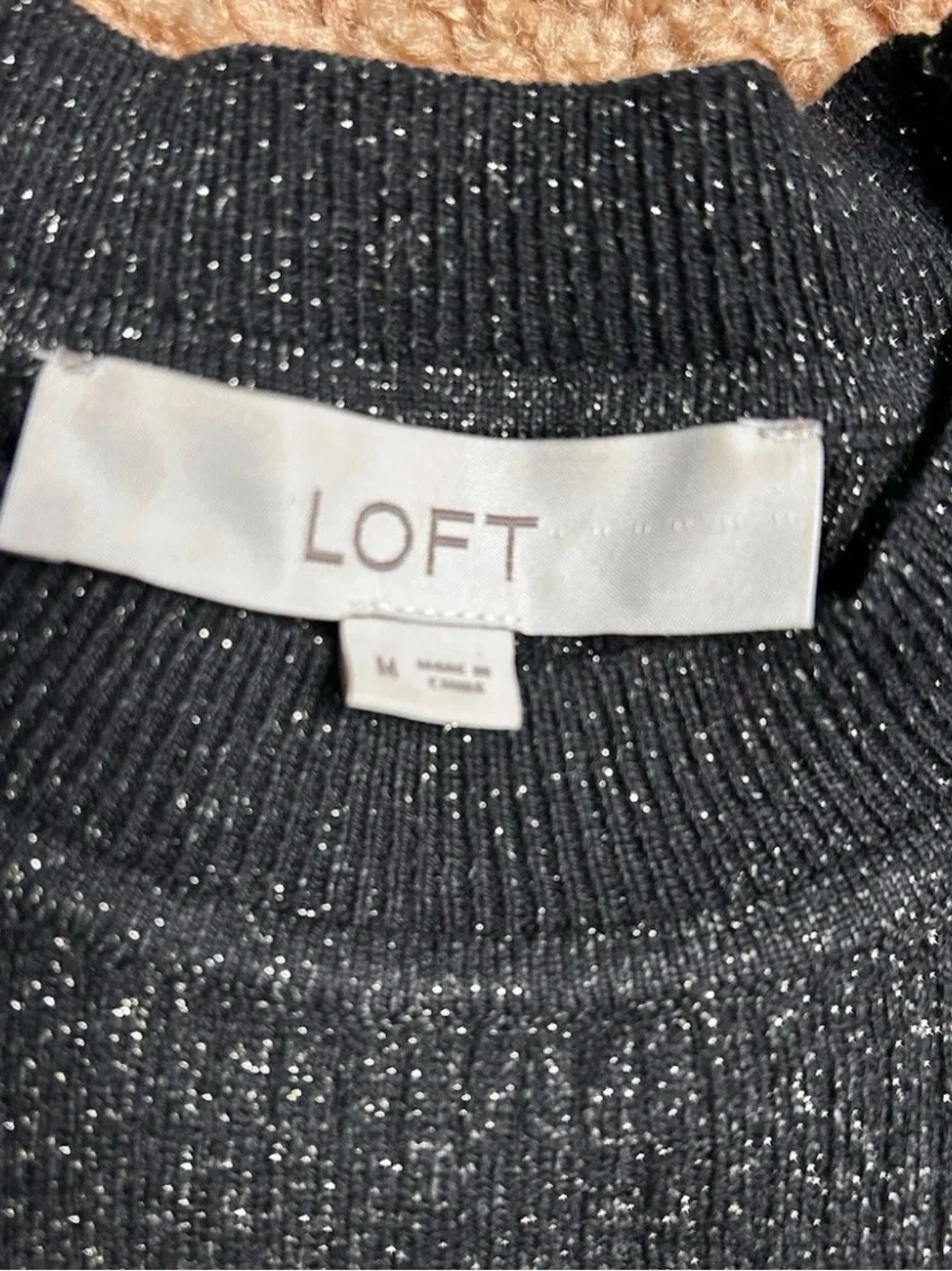 Loft Black Gold Shimmer Sparkle Puff Sleeve Knit Sweater Medium Party Chic Date